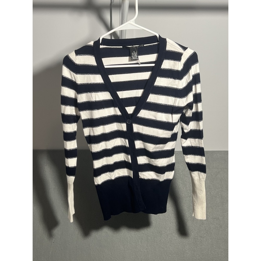 89th & Madison Women's Small S Striped Cardigan Sweater Navy White Lurex Knit